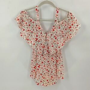7th Avenue by NY & Co blouse XS floral open shoulder pink white top flowy
